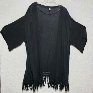 Tropical Escape Black Kimono Cardigan Fringe Sheer Lightweight Plus Size 2X